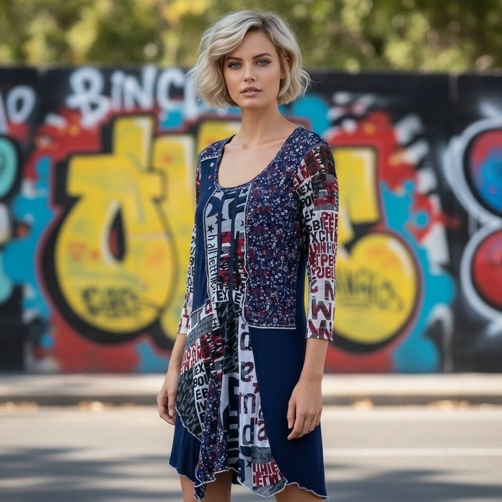 Vandana Red White Blue Patchwork Mesh Dress Boho Artsy Festival Size Medium